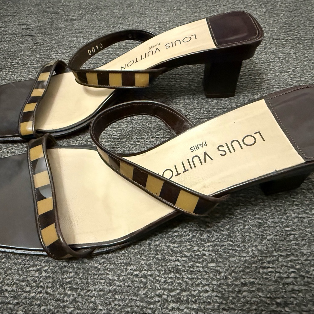 Louis Vuitton Brown and Beige Striped Leather Heeled Mules